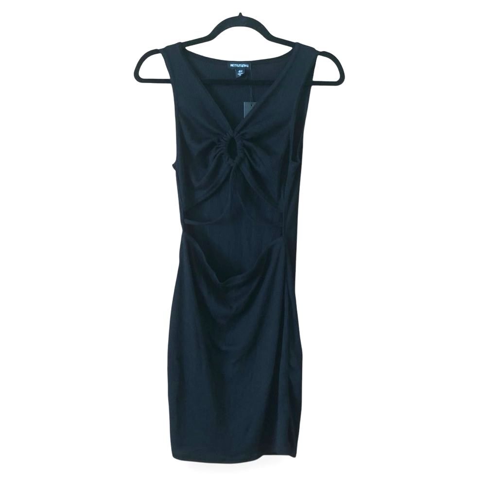 PrettyLittleThing Black Ribbed Front Cut Out Mini Dress NWT Size 8 Edgy